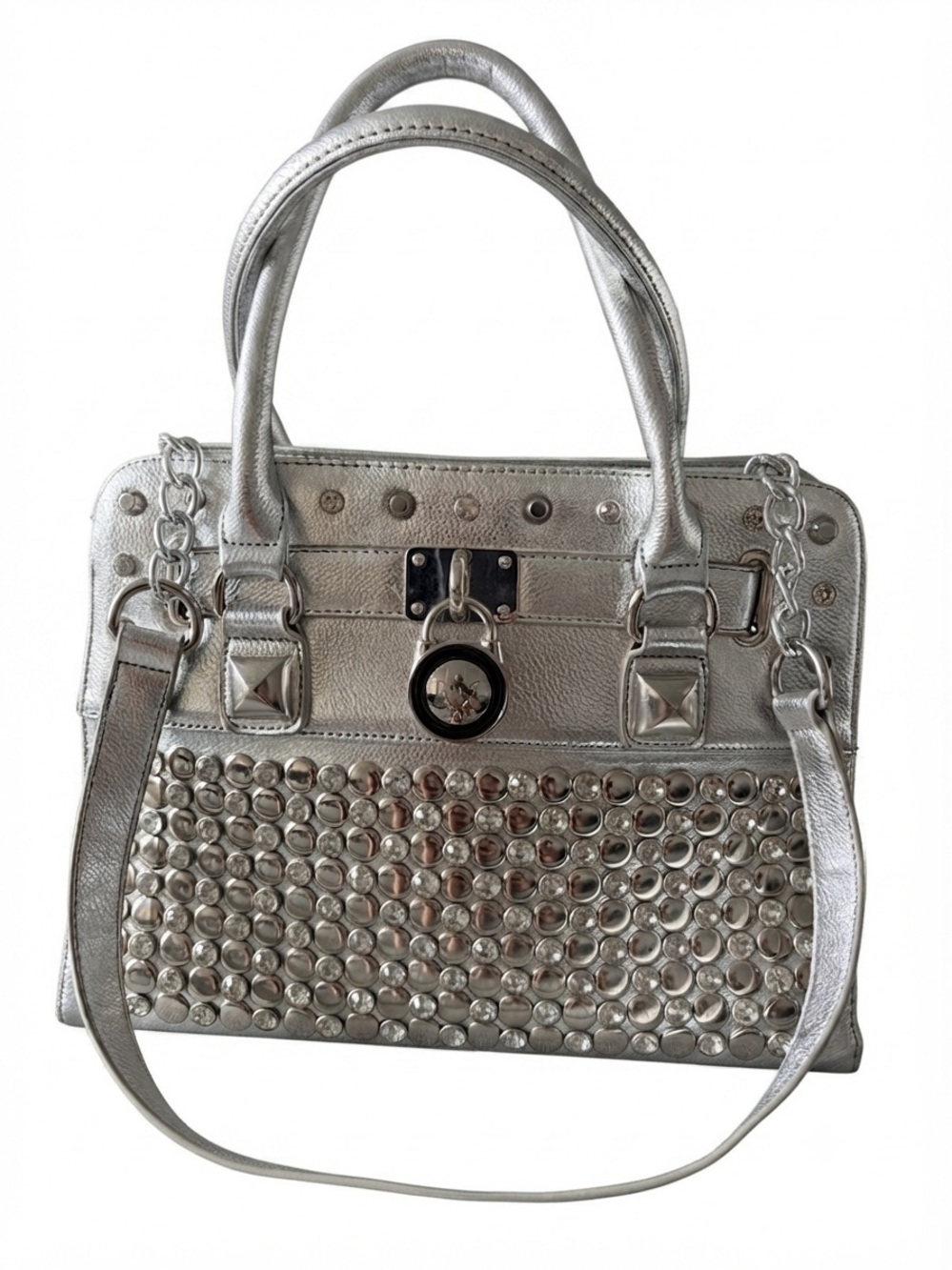 NX Noble Exchange Metallic Silver Studded Satchel Padlock Bag Y2K